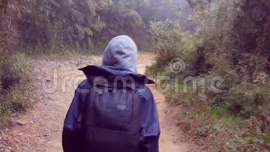 带着背包的旅<strong>游</strong>女孩在热带森林漫步。 穿着雨衣在潮湿的<strong>树林</strong>里散步的女人